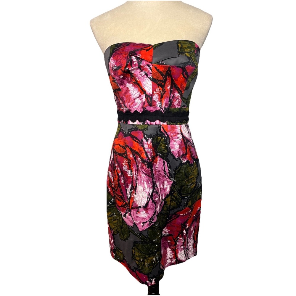 Trina Turk Dress 4 Cotton Silk Strapless Floral Y2K Dark Romantic Coquette Sexy